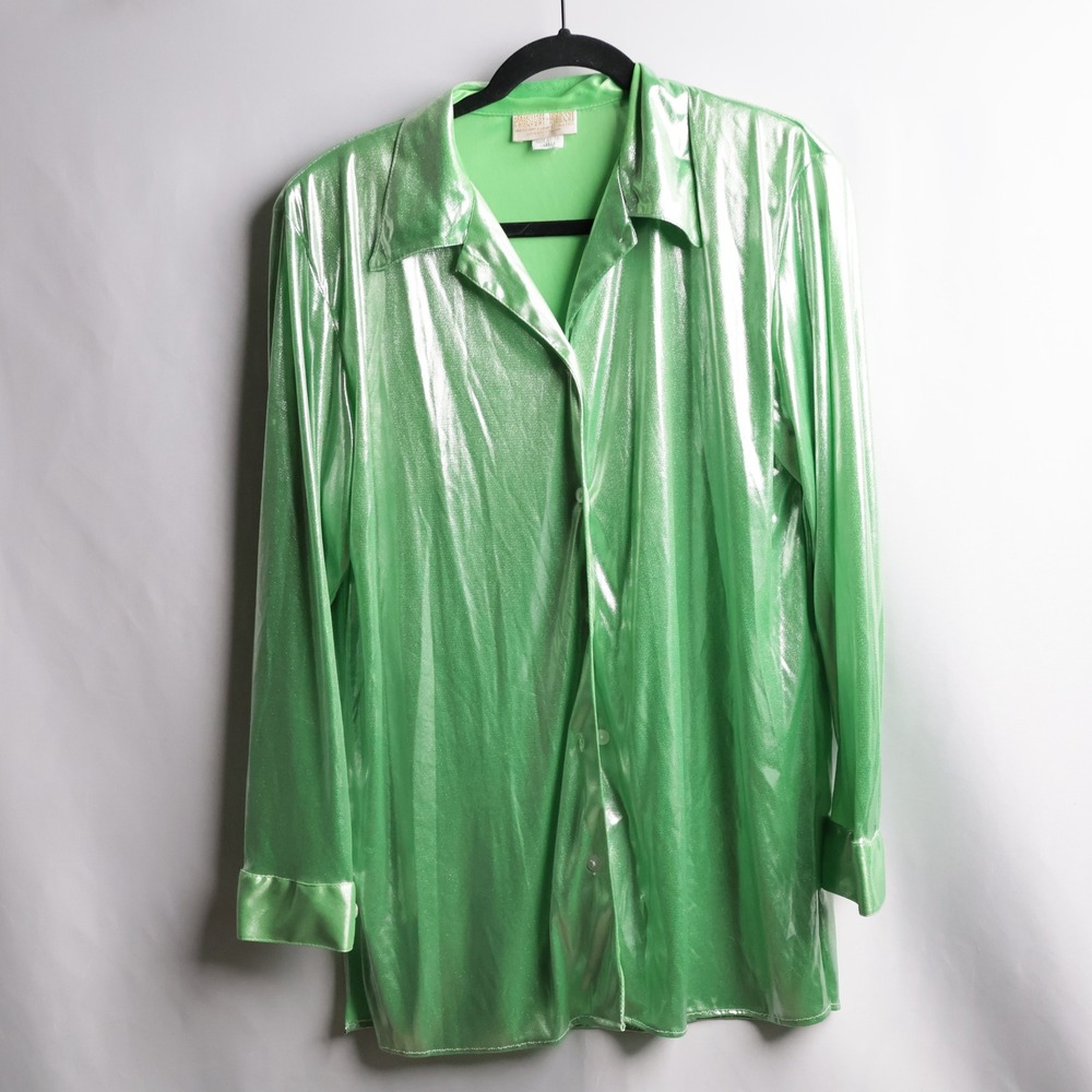 VTG Green Liquid Metallic Button Up Disco Shirt USA Made S Cybercore Y2K Club